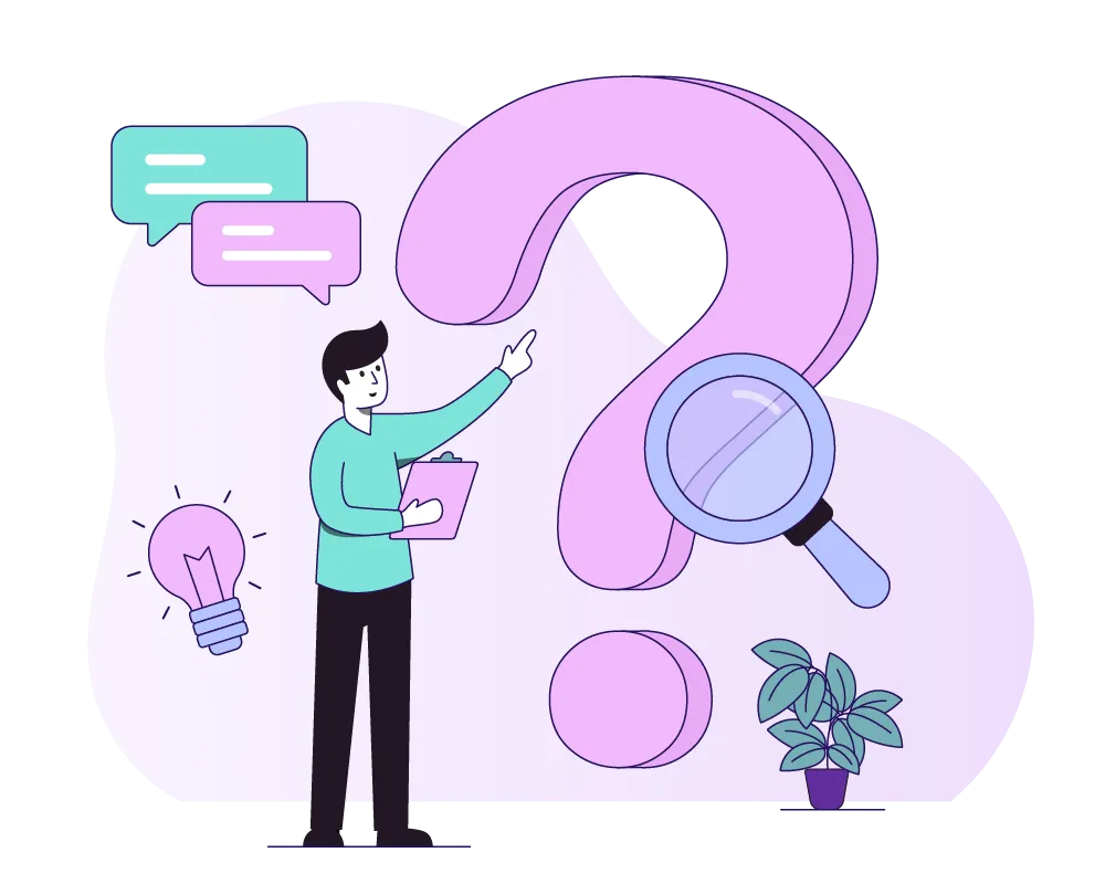 Person pointing at a large question mark, illustration