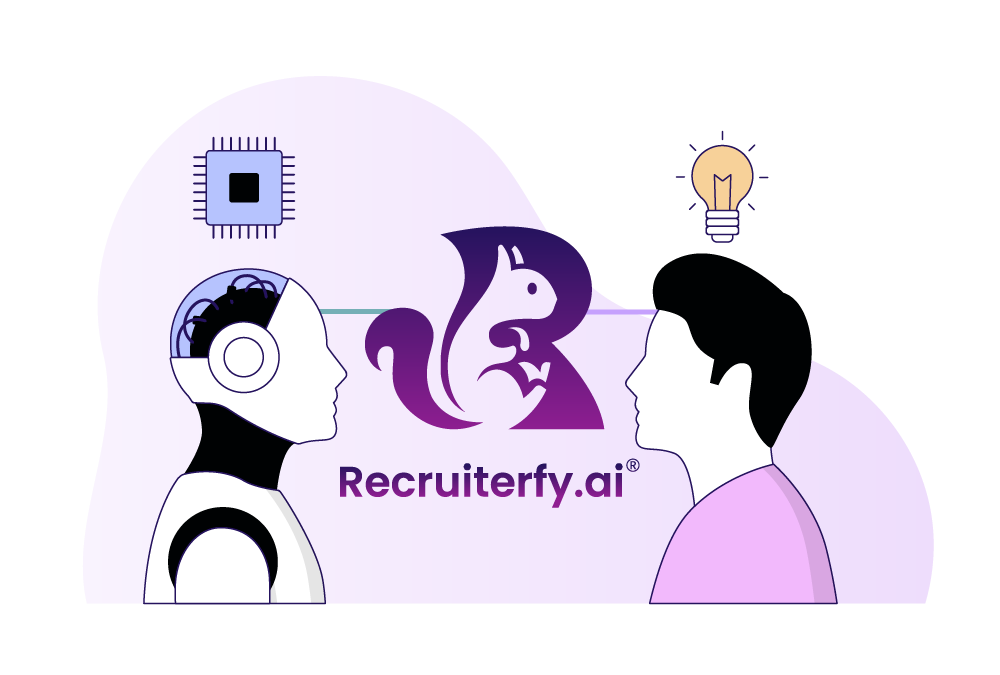 Person and AI robot facing each other with the Recruiterfy.ai logo