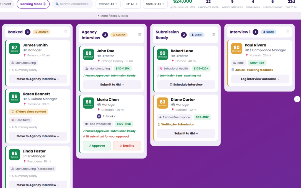 Recruiterfy pipeline board with ranked candidates in hiring stages.