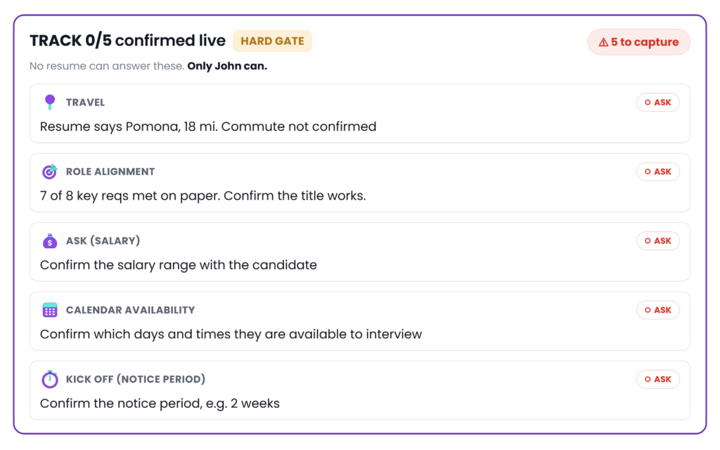 Recruiterfy structured prescreen with five questions to confirm with the candidate.