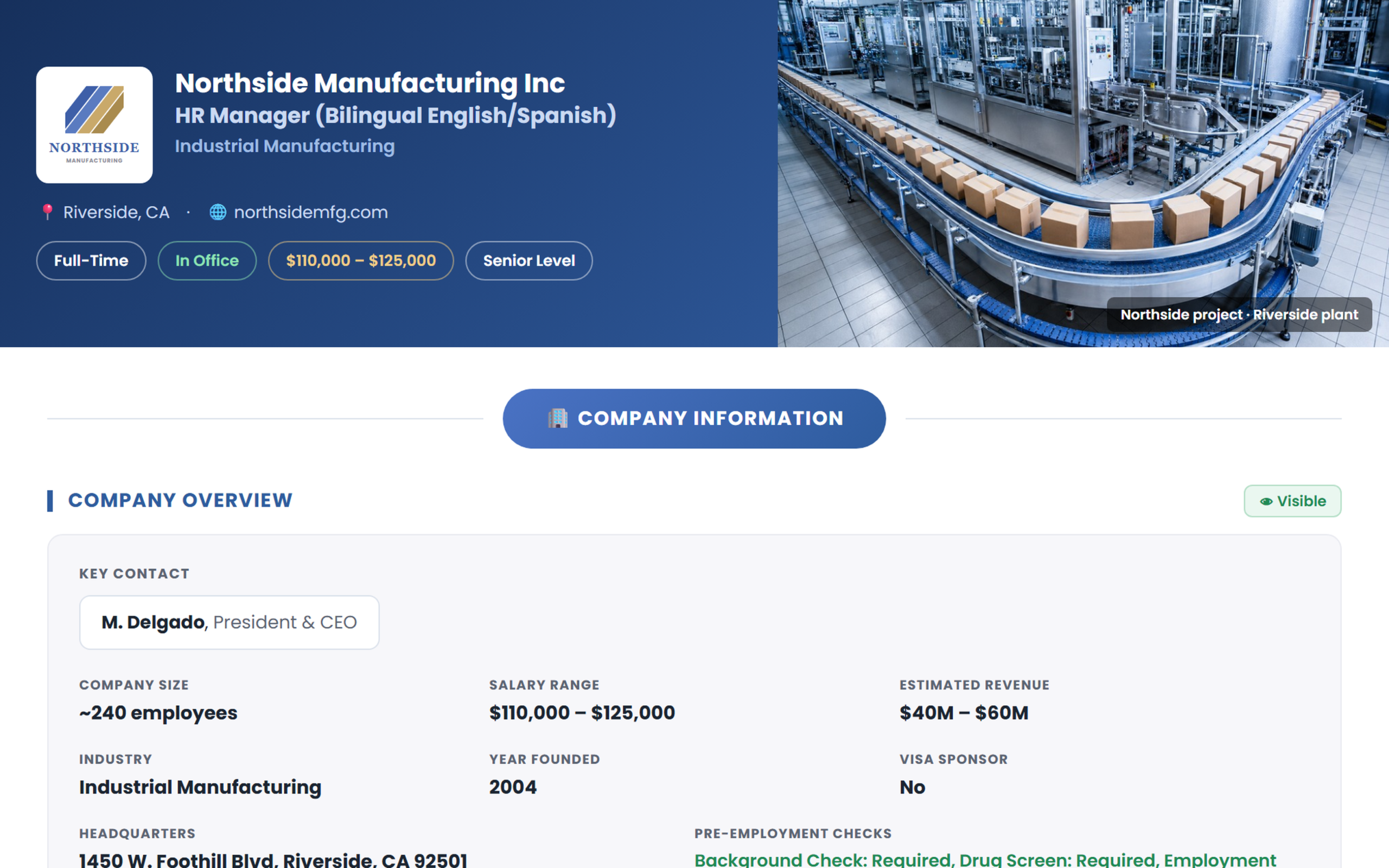 Recruiterfy Position Packet with company information for a manufacturing role.